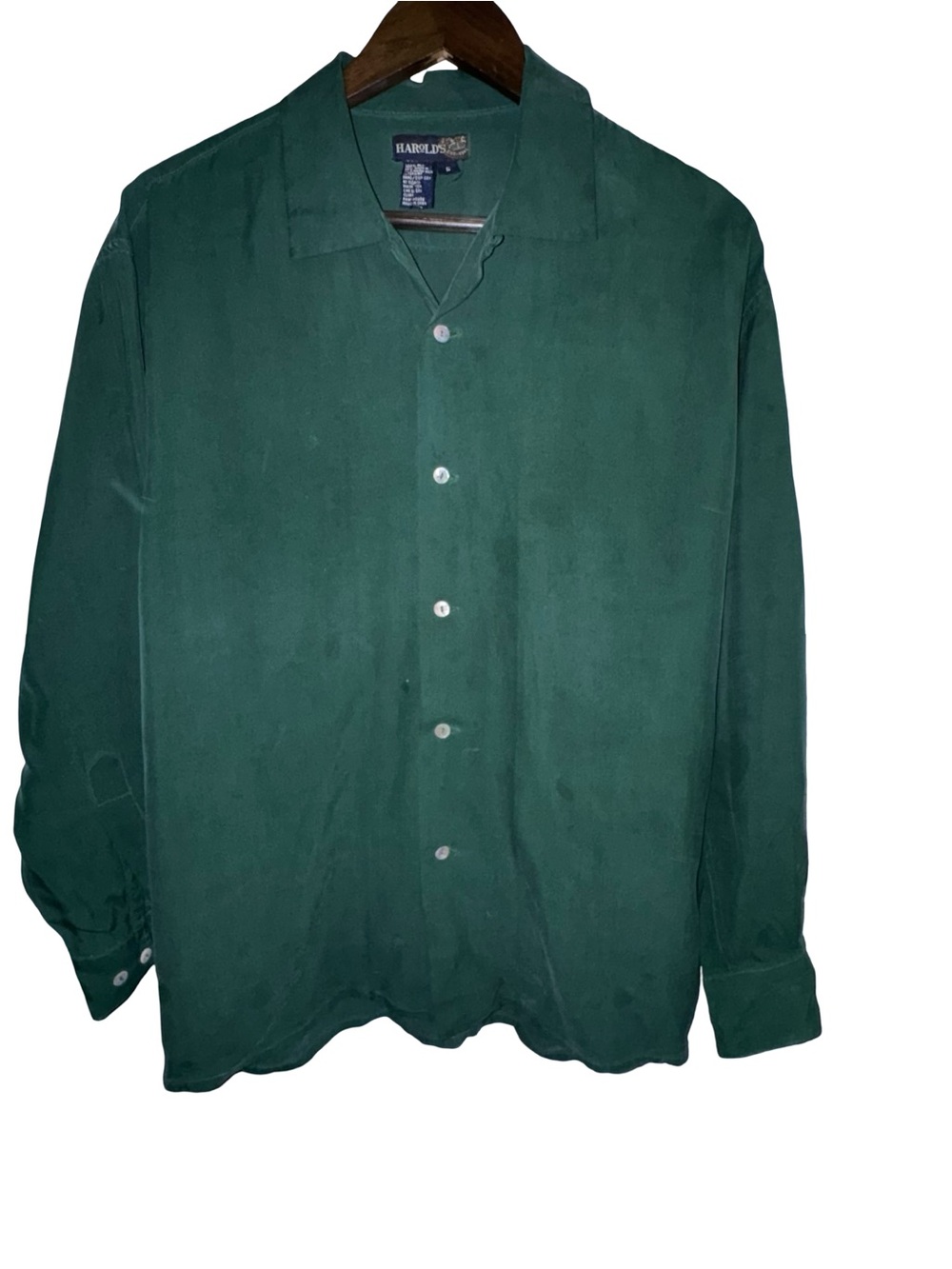 Harold’s Silk Shirt Size S Green Camp Collar Button Front Minimalist Gorpcore - Picture 2 of 4